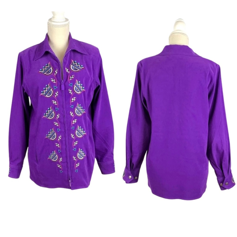 Vintage Bob Mackie Purple Embroidered Suede Wearable Art Shacket Jacket X-Small